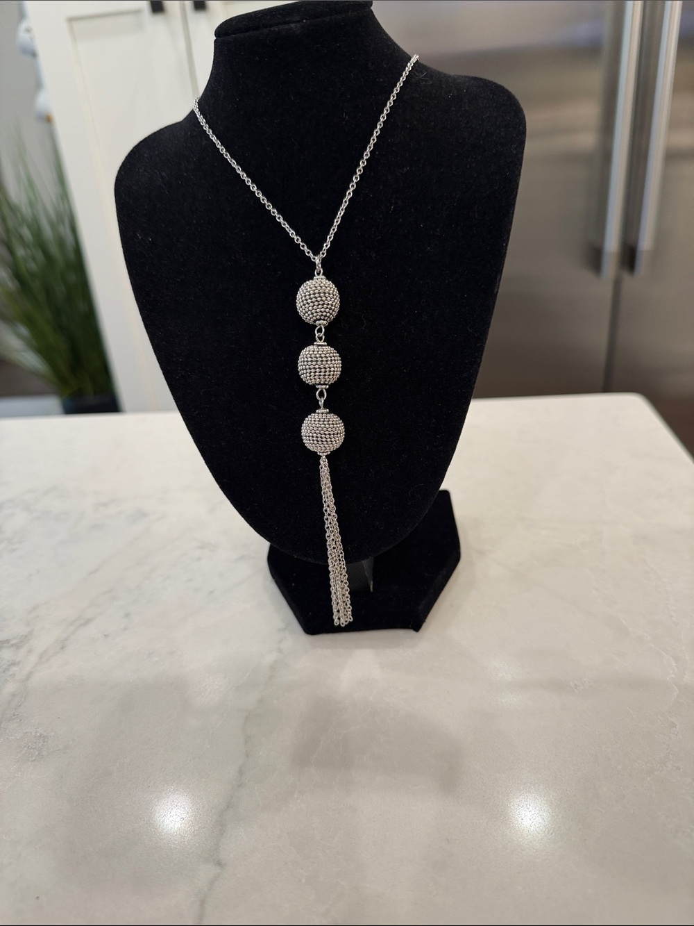 Chico's Silver Crystal Sphere Tassel Necklace